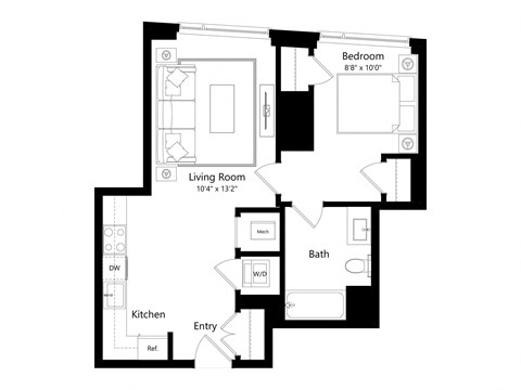 a floor plan of an apartment with a bedroom and a living room